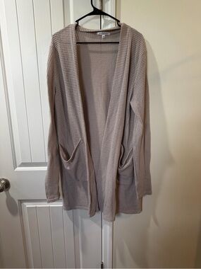 Blakeley Plus Size Mauve Taupe Waffle Knit Open Front Long Cardigan Pockets